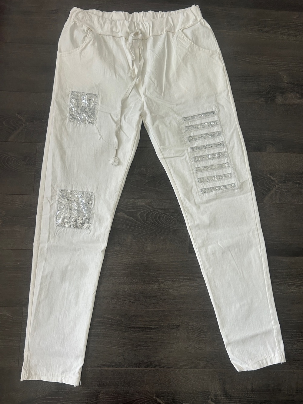 Made in Italy White Sequin Patch Joggers Drawstring Linen Look Pants